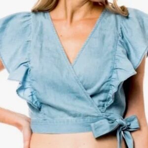 Blue Ruffled Wrap Crop Top